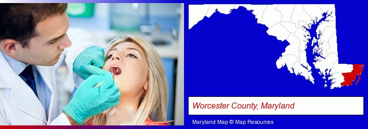 a dentist examining teeth; Worcester County, Maryland highlighted in red on a map