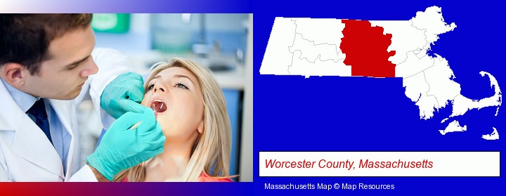 a dentist examining teeth; Worcester County, Massachusetts highlighted in red on a map