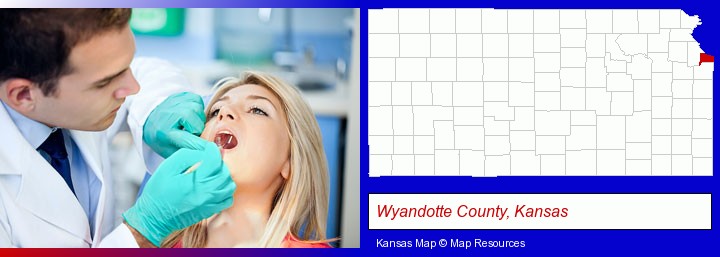 a dentist examining teeth; Wyandotte County, Kansas highlighted in red on a map