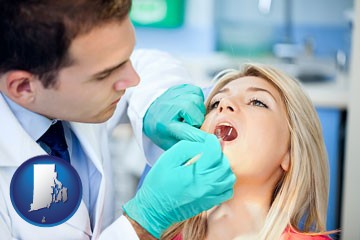 a dentist examining teeth - with Rhode Island icon