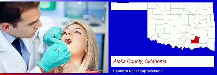 a dentist examining teeth; Atoka County, Oklahoma highlighted in red on a map