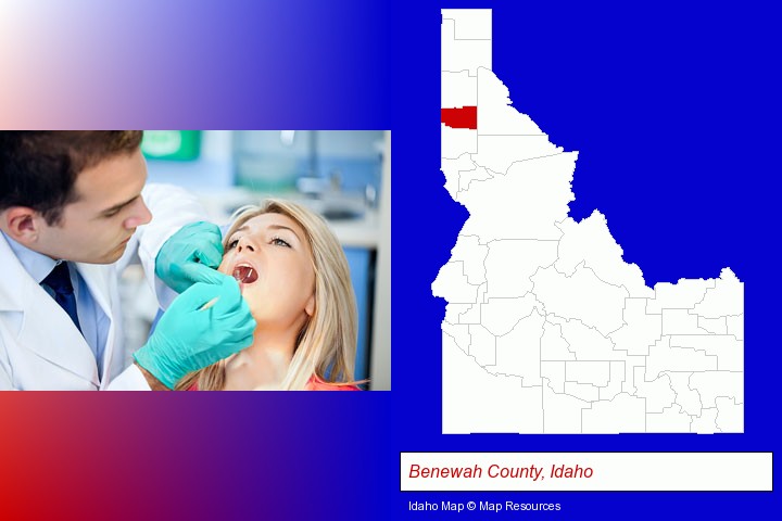 a dentist examining teeth; Benewah County, Idaho highlighted in red on a map