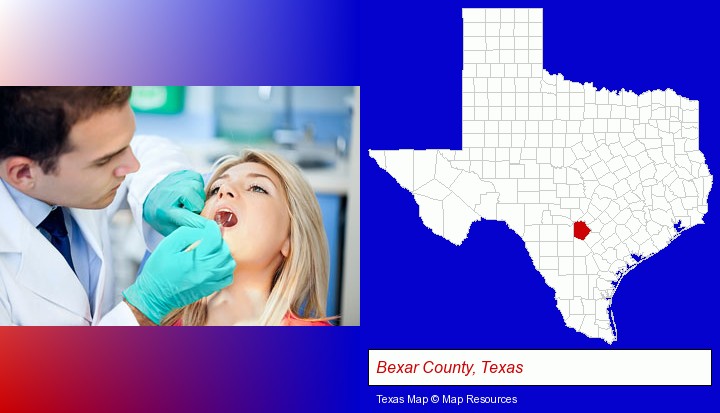 a dentist examining teeth; Bexar County, Texas highlighted in red on a map