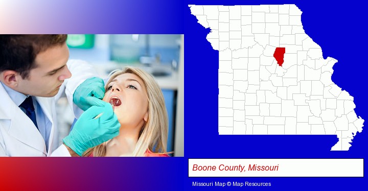 a dentist examining teeth; Boone County, Missouri highlighted in red on a map