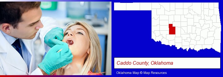 a dentist examining teeth; Caddo County, Oklahoma highlighted in red on a map