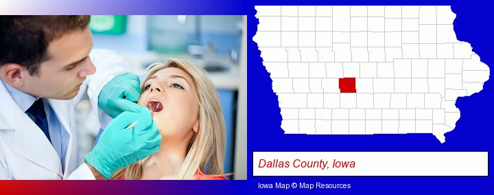 a dentist examining teeth; Dallas County, Iowa highlighted in red on a map