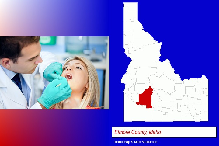 a dentist examining teeth; Elmore County, Idaho highlighted in red on a map