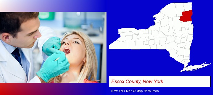 a dentist examining teeth; Essex County, New York highlighted in red on a map