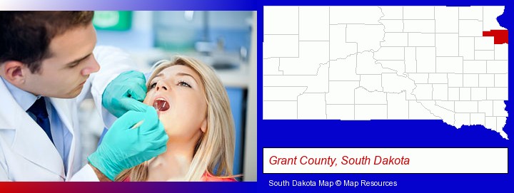 a dentist examining teeth; Grant County, South Dakota highlighted in red on a map