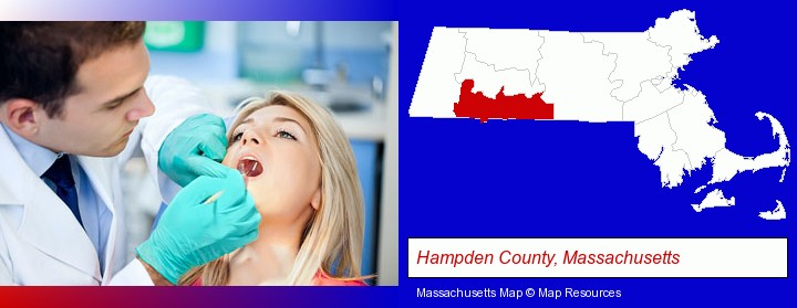 a dentist examining teeth; Hampden County, Massachusetts highlighted in red on a map