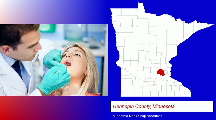 a dentist examining teeth; Hennepin County, Minnesota highlighted in red on a map