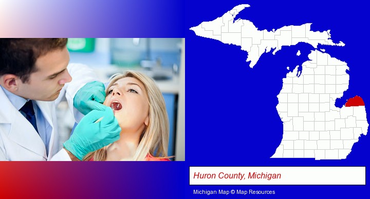 a dentist examining teeth; Huron County, Michigan highlighted in red on a map