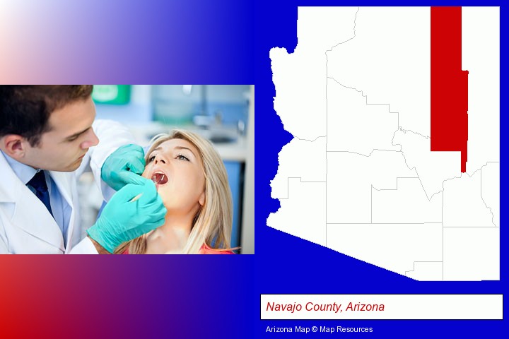 a dentist examining teeth; Navajo County, Arizona highlighted in red on a map