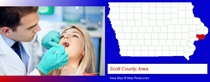 a dentist examining teeth; Scott County, Iowa highlighted in red on a map