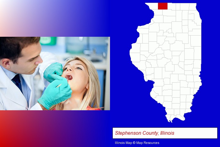 a dentist examining teeth; Stephenson County, Illinois highlighted in red on a map