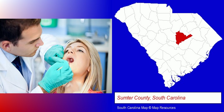 a dentist examining teeth; Sumter County, South Carolina highlighted in red on a map