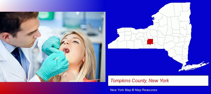 a dentist examining teeth; Tompkins County, New York highlighted in red on a map