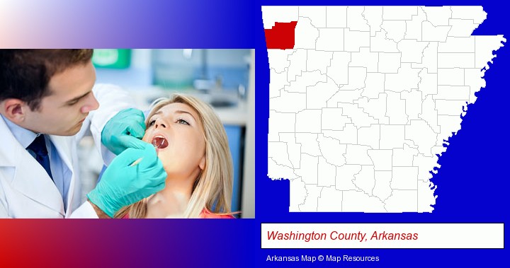 a dentist examining teeth; Washington County, Arkansas highlighted in red on a map